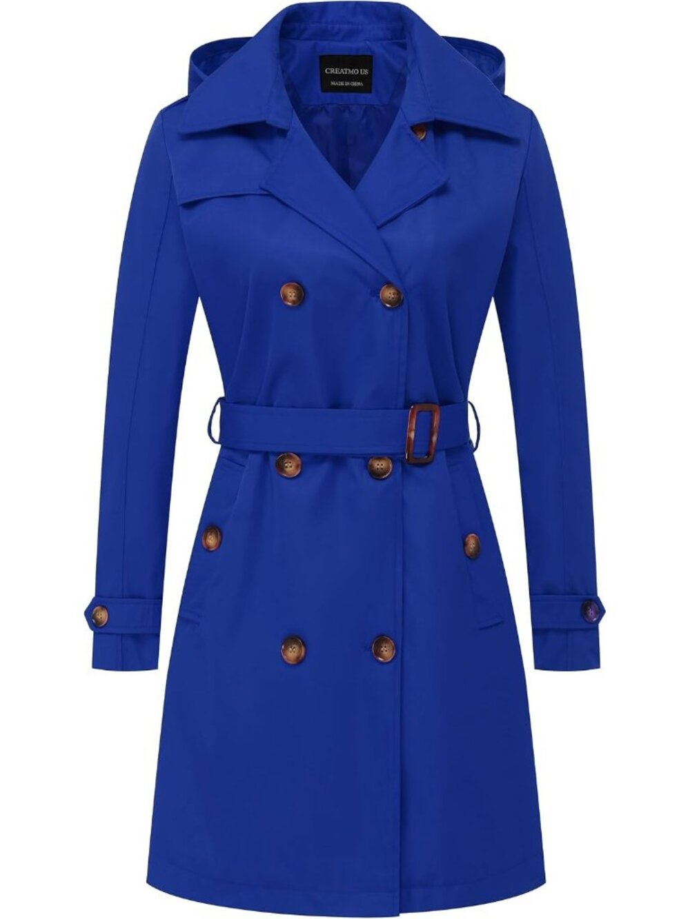 Women Royal Blue Lapel Collar Cuff Sleeve Overcoat Belted Outerwear Trench Coat